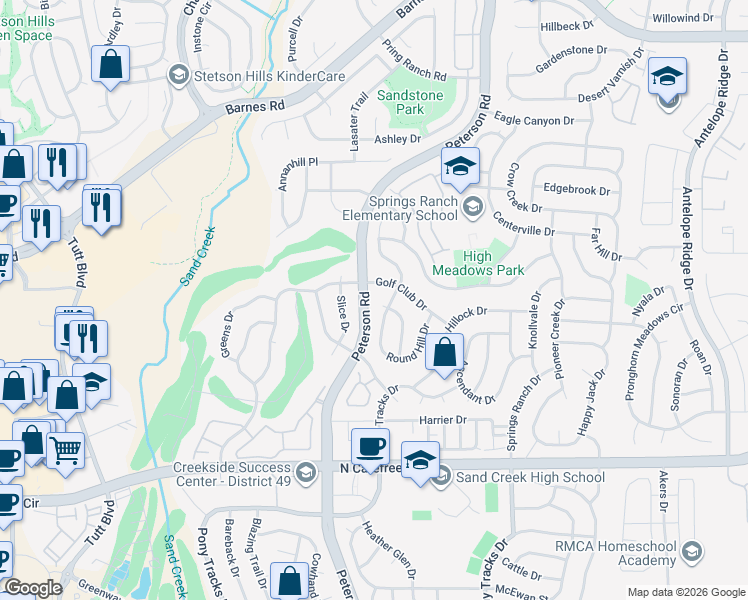 map of restaurants, bars, coffee shops, grocery stores, and more near 4435 Hickory Hollow Drive in Colorado Springs