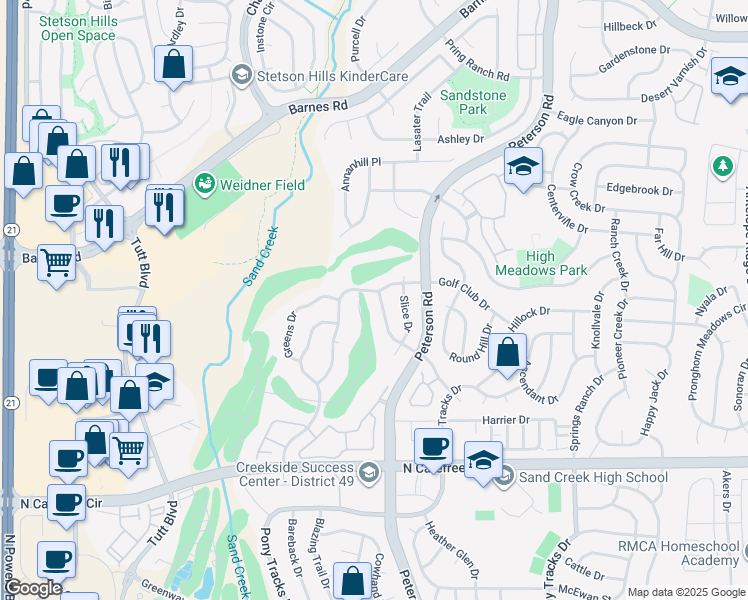 map of restaurants, bars, coffee shops, grocery stores, and more near 4282 Tee Shot Drive in Colorado Springs