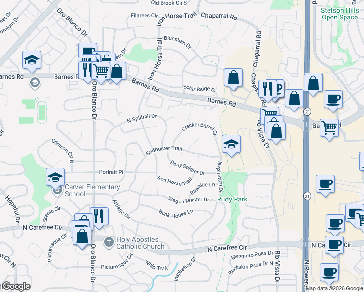 map of restaurants, bars, coffee shops, grocery stores, and more near 5207 Cracker Barrel Circle in Colorado Springs