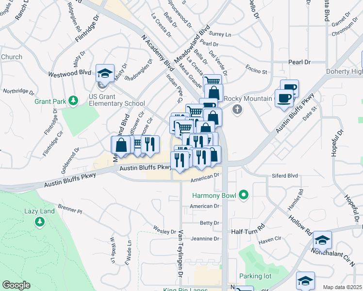 map of restaurants, bars, coffee shops, grocery stores, and more near 3624 Austin Bluffs Parkway in Colorado Springs