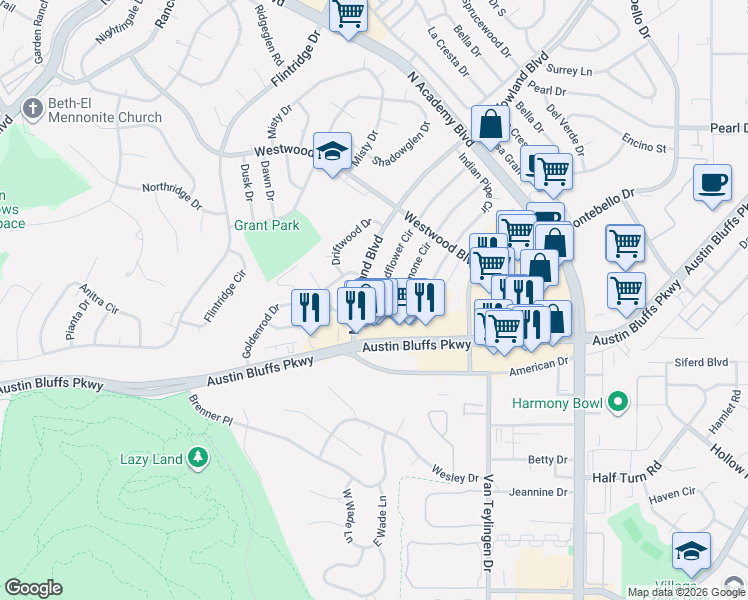 map of restaurants, bars, coffee shops, grocery stores, and more near 3600 Windflower Circle in Colorado Springs