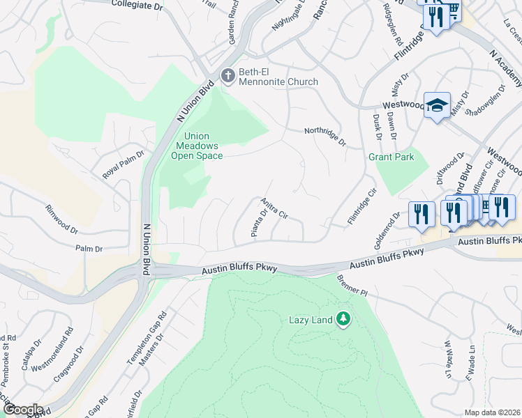 map of restaurants, bars, coffee shops, grocery stores, and more near 4141 Anitra Circle in Colorado Springs