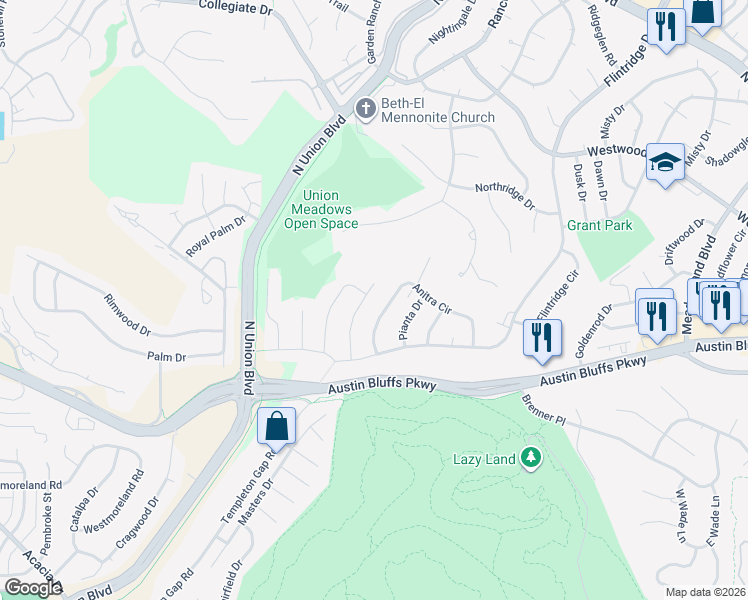 map of restaurants, bars, coffee shops, grocery stores, and more near 4118 Anitra Circle in Colorado Springs