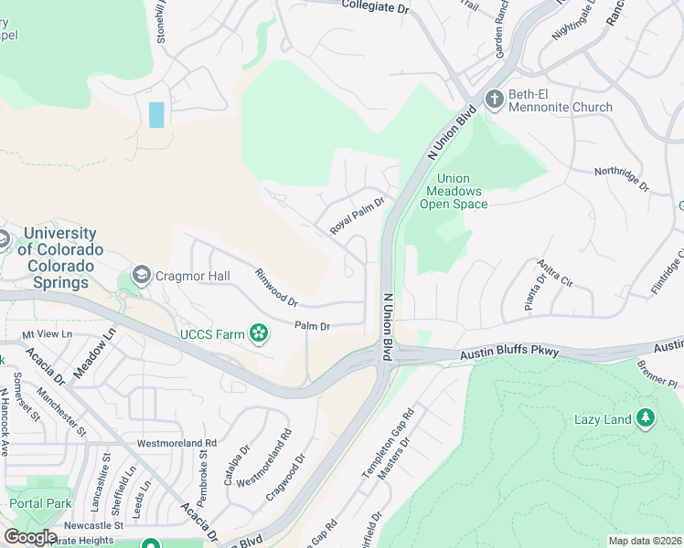 map of restaurants, bars, coffee shops, grocery stores, and more near 2038 Palm Drive in Colorado Springs