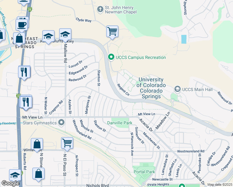 map of restaurants, bars, coffee shops, grocery stores, and more near 800-1202 Austin Bluffs Parkway in Colorado Springs