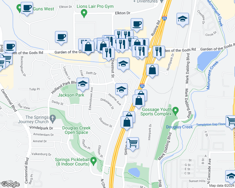 map of restaurants, bars, coffee shops, grocery stores, and more near 4334 North Chestnut Street in Colorado Springs