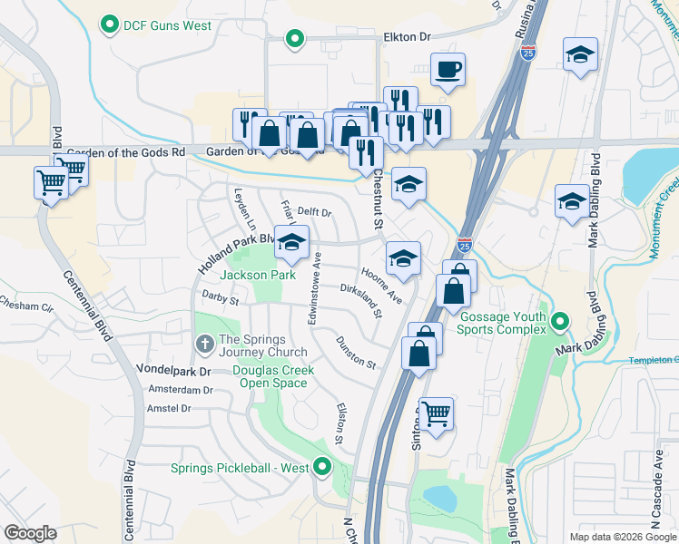 map of restaurants, bars, coffee shops, grocery stores, and more near 918 Dirksland Street in Colorado Springs