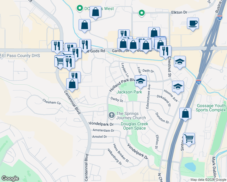 map of restaurants, bars, coffee shops, grocery stores, and more near 1237 Holland Park Boulevard in Colorado Springs
