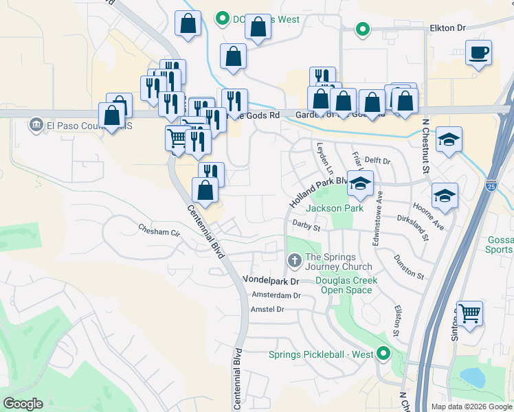 map of restaurants, bars, coffee shops, grocery stores, and more near 1413 Darby Street in Colorado Springs