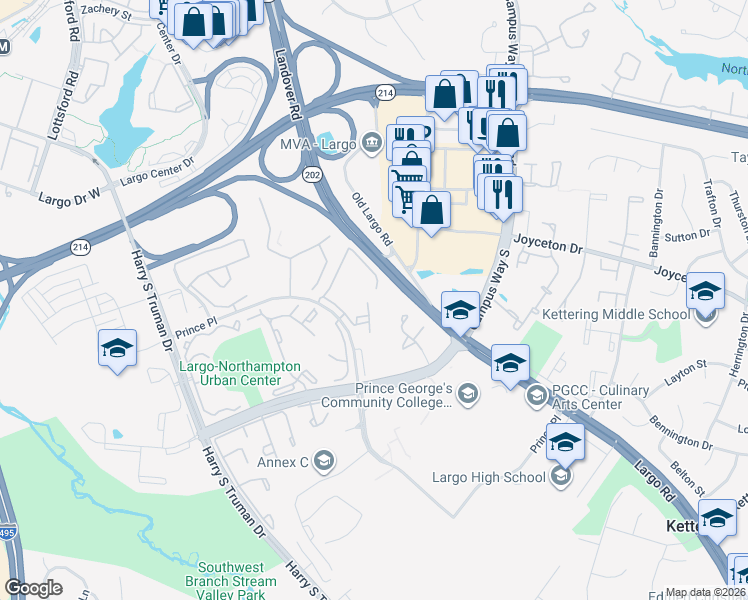 map of restaurants, bars, coffee shops, grocery stores, and more near 10234 Prince Place in Largo