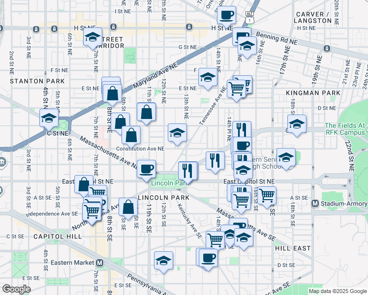 map of restaurants, bars, coffee shops, grocery stores, and more near 101 Independence Avenue Southeast in Washington