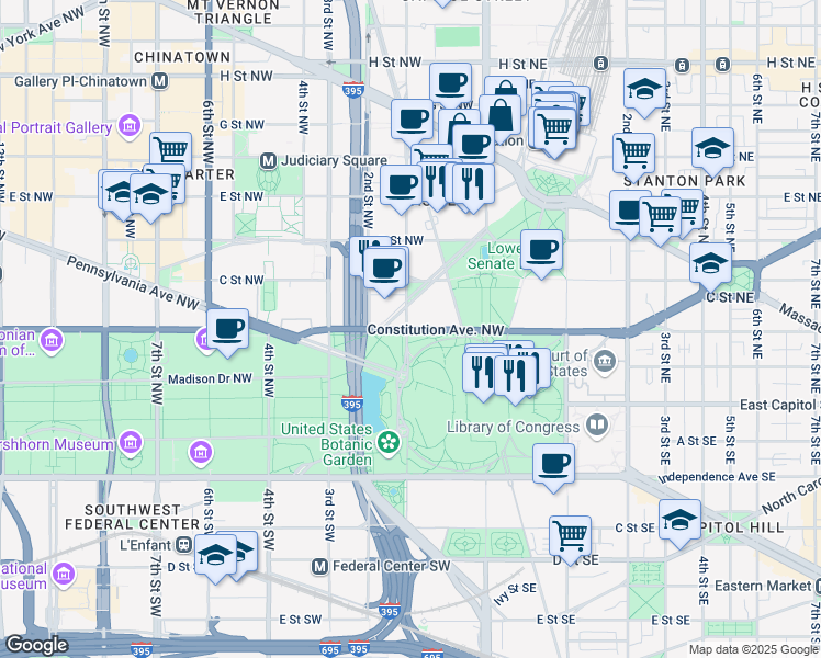 map of restaurants, bars, coffee shops, grocery stores, and more near 101 Independence Avenue Southeast in Washington