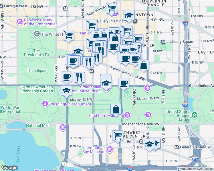 map of restaurants, bars, coffee shops, grocery stores, and more near 101 Independence Avenue Southeast in Washington