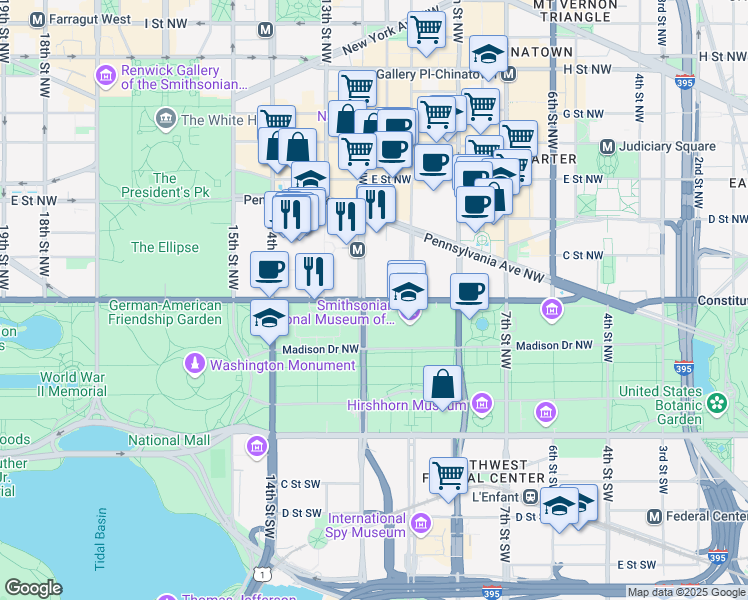 map of restaurants, bars, coffee shops, grocery stores, and more near 101 Independence Avenue Southeast in Washington