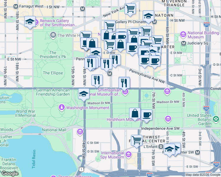 map of restaurants, bars, coffee shops, grocery stores, and more near 101 Independence Avenue Southeast in Washington
