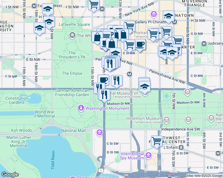map of restaurants, bars, coffee shops, grocery stores, and more near 101 Independence Avenue Southeast in Washington