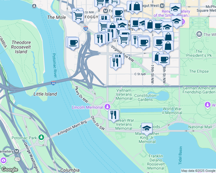 map of restaurants, bars, coffee shops, grocery stores, and more near 101 Independence Avenue Southeast in Washington