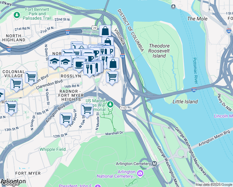 map of restaurants, bars, coffee shops, grocery stores, and more near 1011 Arlington Boulevard in Arlington