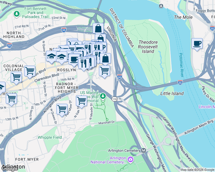 map of restaurants, bars, coffee shops, grocery stores, and more near 101 Independence Avenue Southeast in Washington