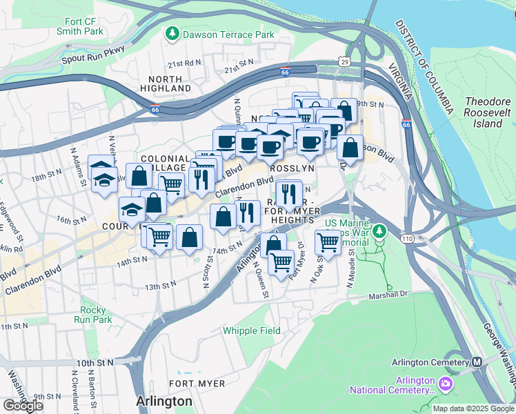 map of restaurants, bars, coffee shops, grocery stores, and more near 101 Independence Avenue Southeast in Washington