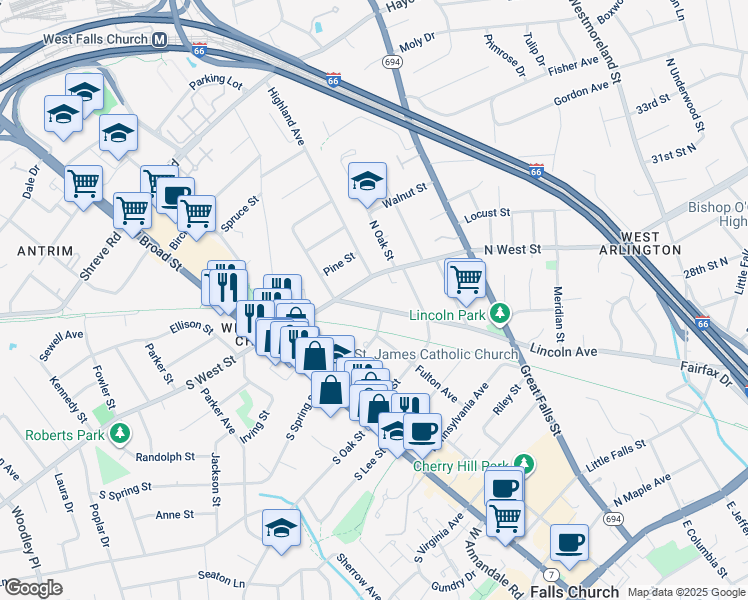 map of restaurants, bars, coffee shops, grocery stores, and more near 902 Lincoln Avenue in Falls Church