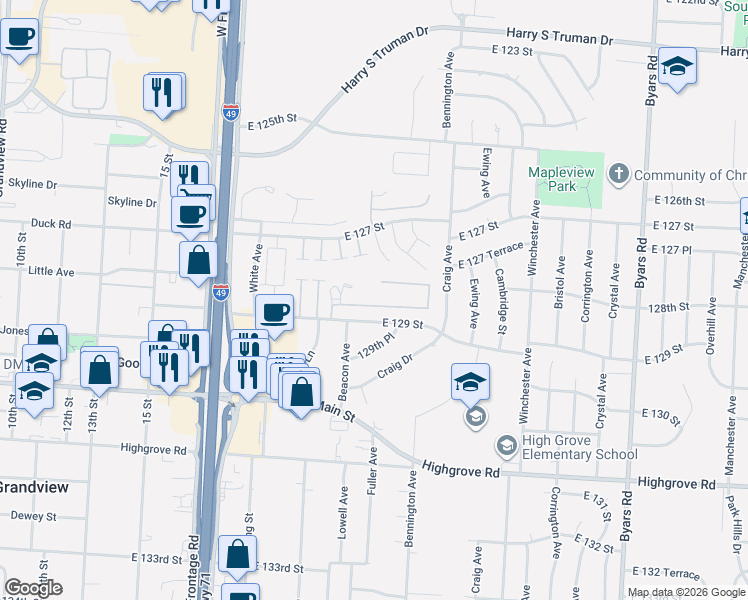 map of restaurants, bars, coffee shops, grocery stores, and more near 6506 East 128 Terrace in Grandview