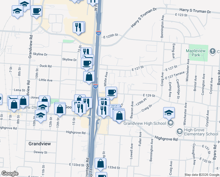 map of restaurants, bars, coffee shops, grocery stores, and more near 6014 East 129 Street in Grandview