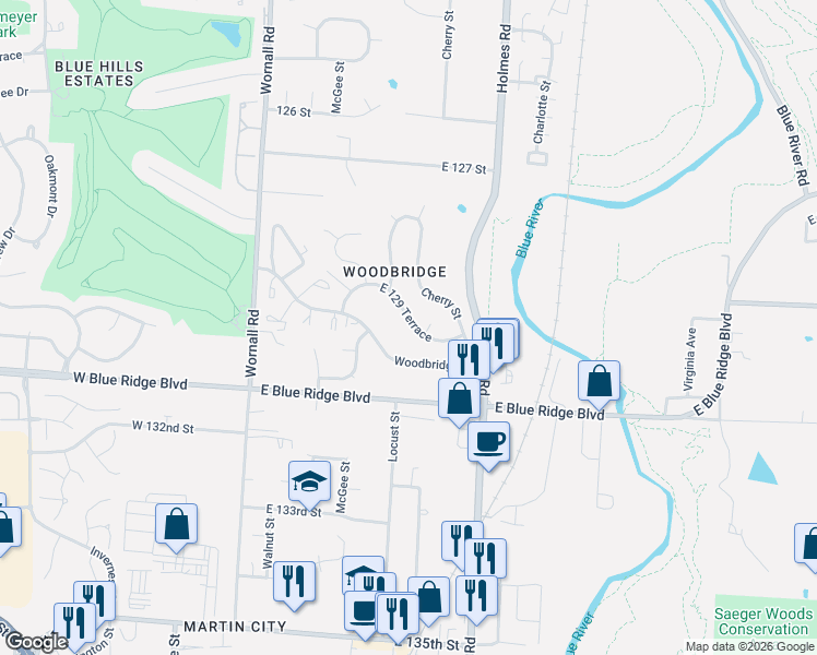 map of restaurants, bars, coffee shops, grocery stores, and more near 528 East 129 Terrace in Kansas City