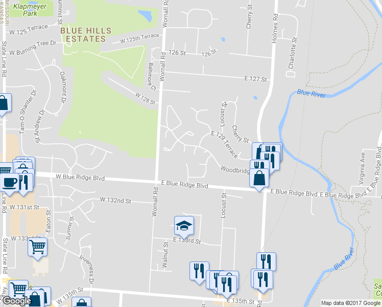 map of restaurants, bars, coffee shops, grocery stores, and more near 149 Woodbridge Lane in Kansas City