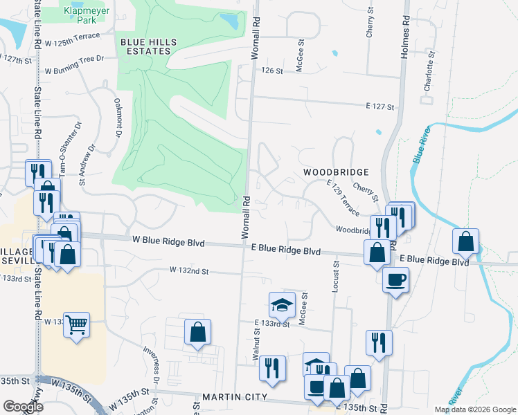 map of restaurants, bars, coffee shops, grocery stores, and more near 121 Woodbridge Lane in Kansas City
