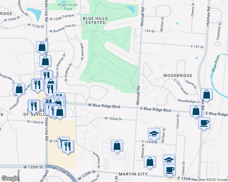 map of restaurants, bars, coffee shops, grocery stores, and more near 303 Duke Gibson Drive in Kansas City