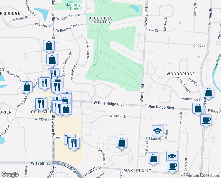 map of restaurants, bars, coffee shops, grocery stores, and more near 303 Duke Gibson Drive in Kansas City