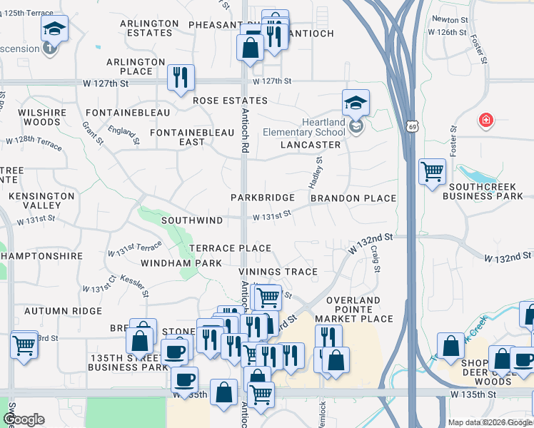 map of restaurants, bars, coffee shops, grocery stores, and more near 13015 Mackey Street in Overland Park