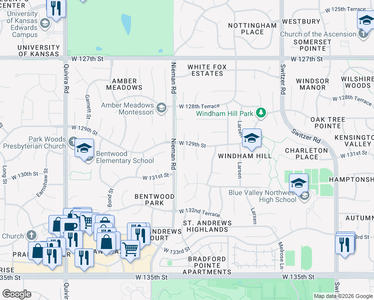 map of restaurants, bars, coffee shops, grocery stores, and more near 12906 Bluejacket Street in Overland Park