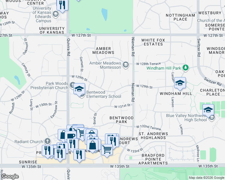 map of restaurants, bars, coffee shops, grocery stores, and more near 11318 West 129th Street in Overland Park
