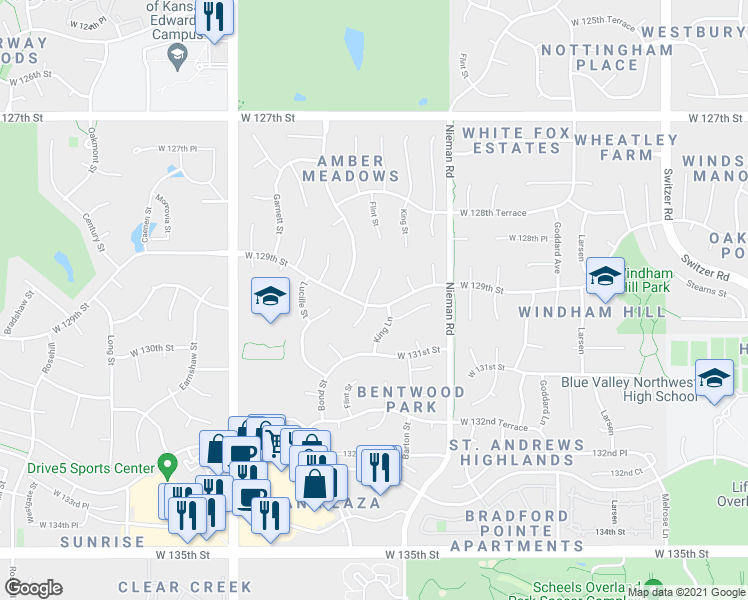 map of restaurants, bars, coffee shops, grocery stores, and more near 11318 West 129th Street in Overland Park