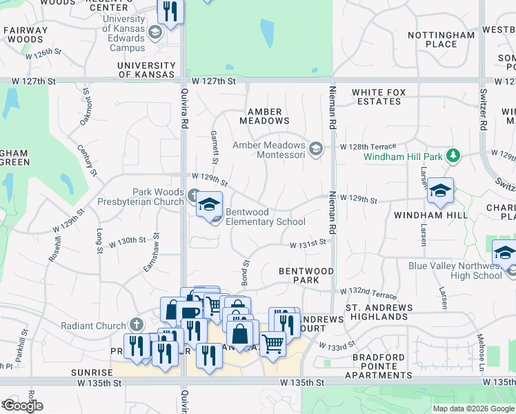map of restaurants, bars, coffee shops, grocery stores, and more near 12903 Bond Street in Overland Park