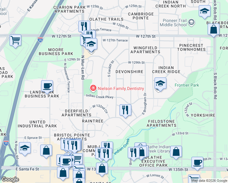 map of restaurants, bars, coffee shops, grocery stores, and more near 16213 West 130th Terrace in Olathe