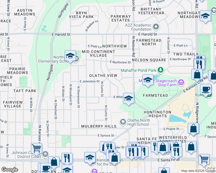 map of restaurants, bars, coffee shops, grocery stores, and more near 723 North Cooper Street in Olathe