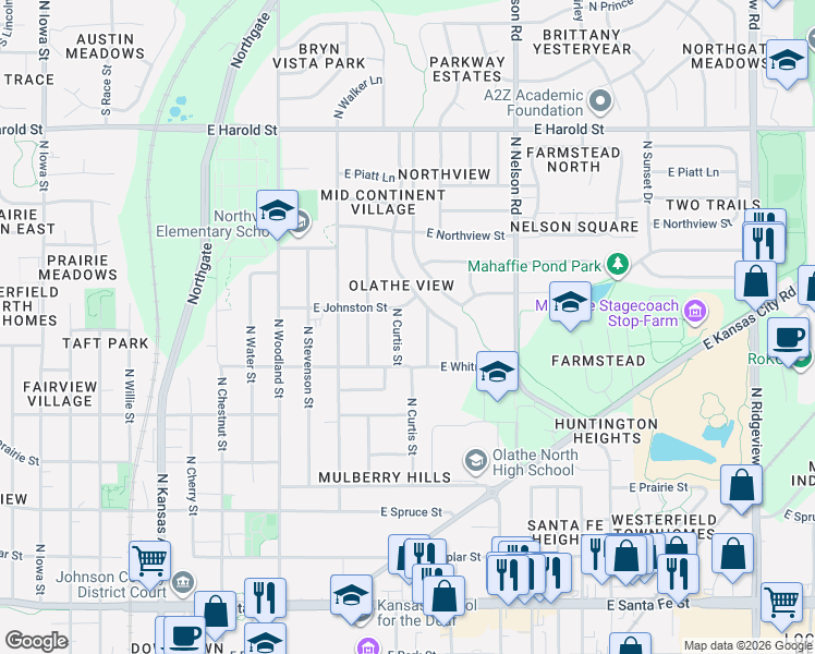 map of restaurants, bars, coffee shops, grocery stores, and more near 723 North Cooper Street in Olathe