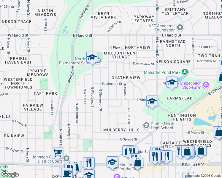 map of restaurants, bars, coffee shops, grocery stores, and more near 714 North Walker Lane in Olathe