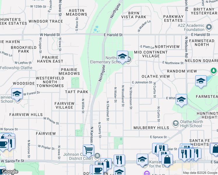 map of restaurants, bars, coffee shops, grocery stores, and more near 720 North Chestnut Street in Olathe