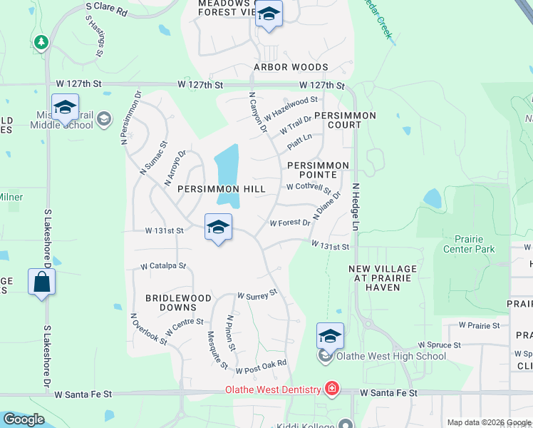 map of restaurants, bars, coffee shops, grocery stores, and more near 647 North Canyon Drive in Olathe