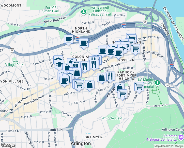 map of restaurants, bars, coffee shops, grocery stores, and more near 1919 Clarendon Boulevard in Arlington