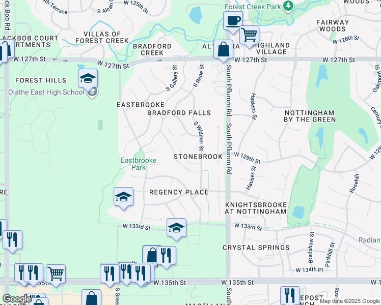 map of restaurants, bars, coffee shops, grocery stores, and more near 13640 West 129th Terrace in Olathe