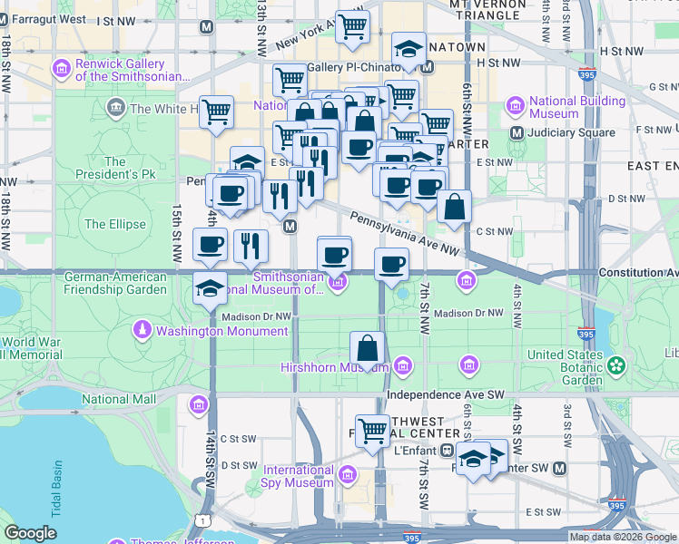 map of restaurants, bars, coffee shops, grocery stores, and more near Constitution Ave NW & 10th St NW in Washington