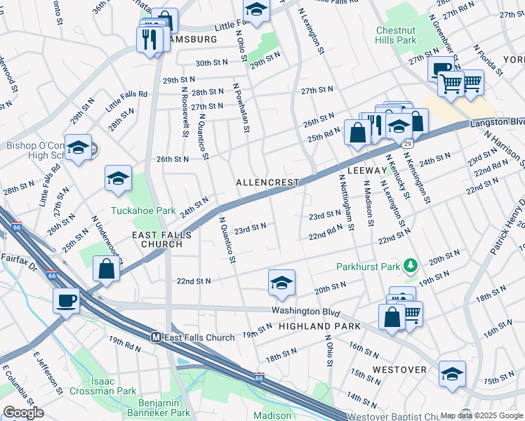 map of restaurants, bars, coffee shops, grocery stores, and more near 2318 North Powhatan Street in Arlington