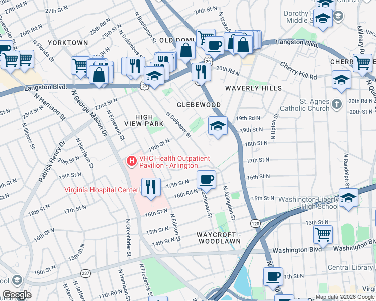 map of restaurants, bars, coffee shops, grocery stores, and more near 1805 North Cameron Street in Arlington