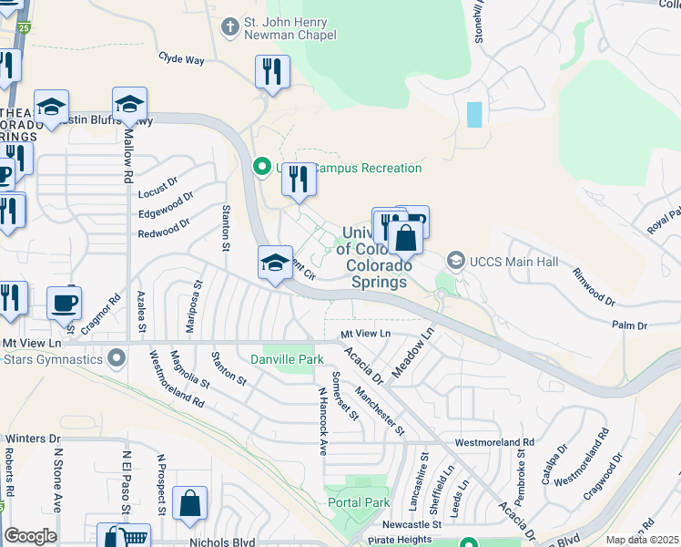 map of restaurants, bars, coffee shops, grocery stores, and more near 1202 Austin Bluffs Parkway in Colorado Springs