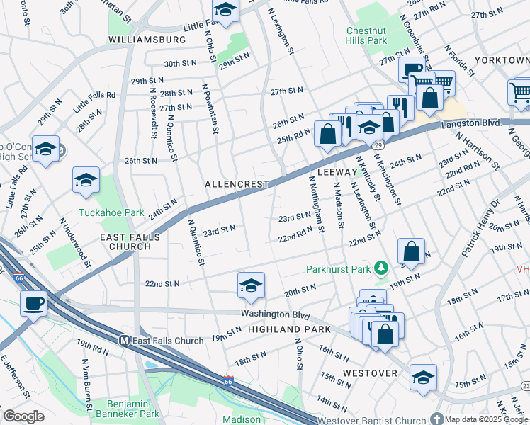 map of restaurants, bars, coffee shops, grocery stores, and more near 6105 23rd Street North in Arlington